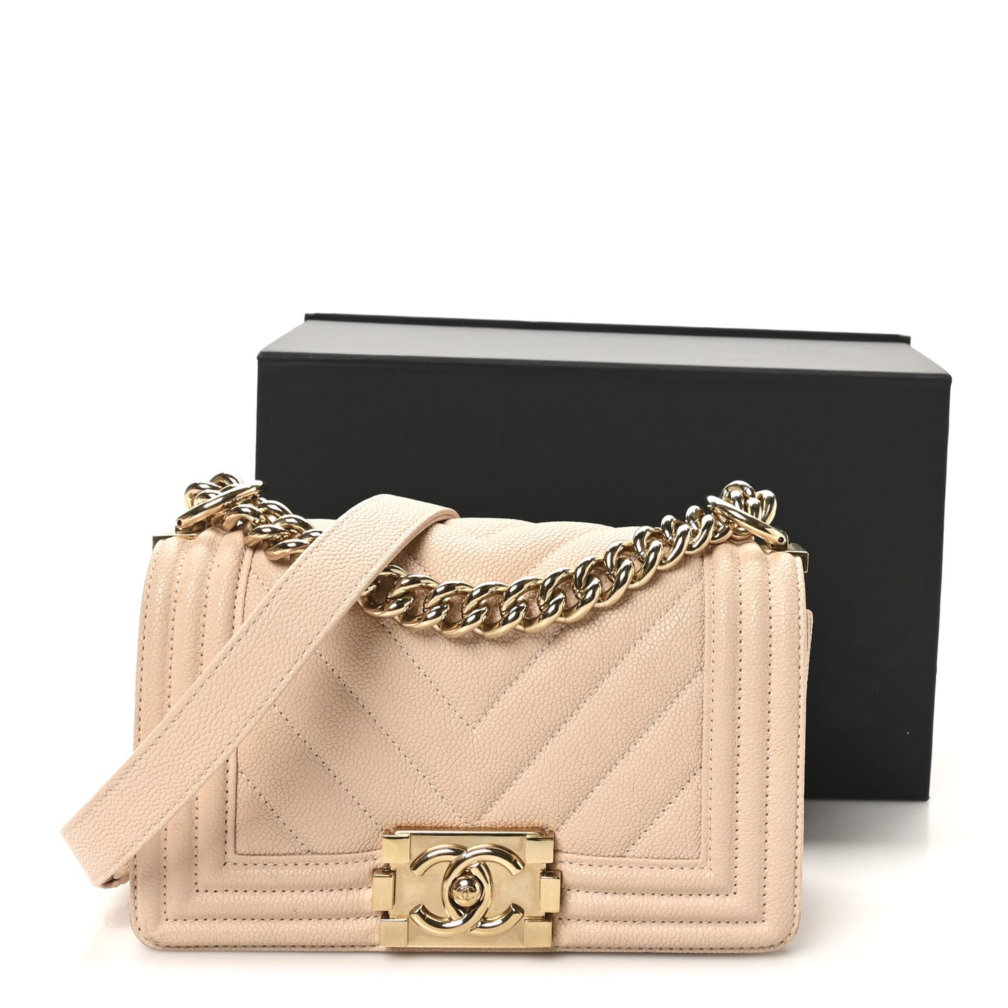 Caviar Chevron Quilted Small Boy Flap Light Beige