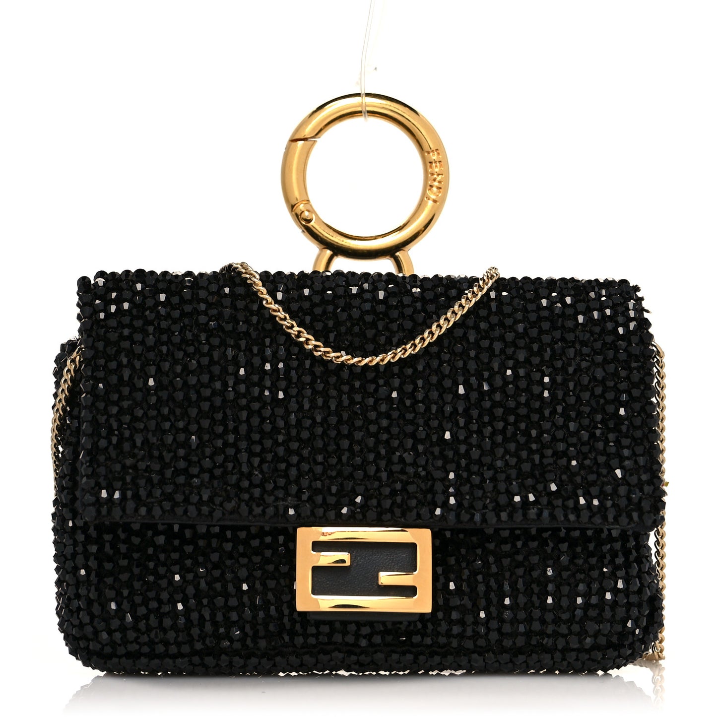 Crystal Vitello King Beaded Nano Baguette Charm Black