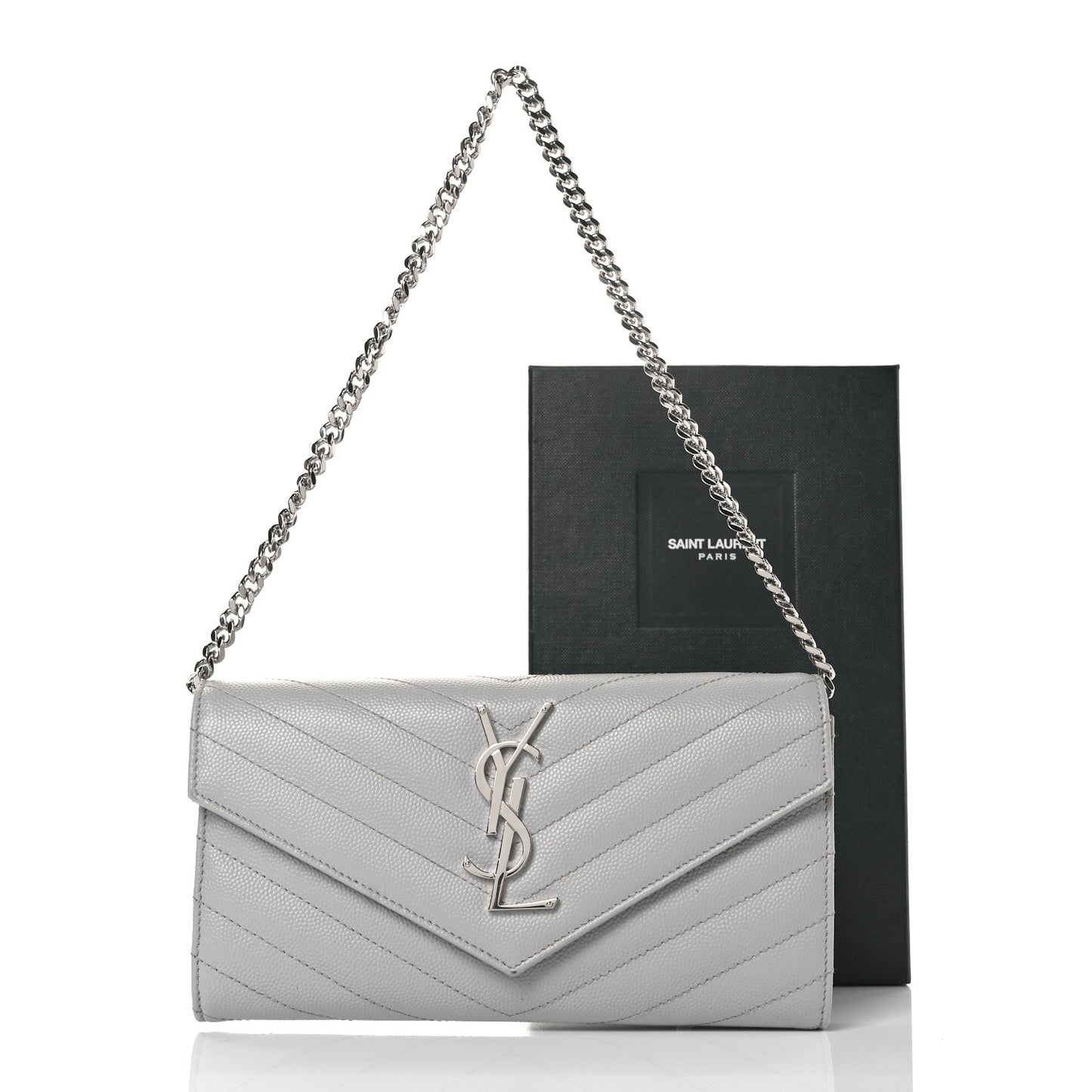 Grain De Poudre Matelasse Chevron Small Monogram Chain Wallet Light Grey