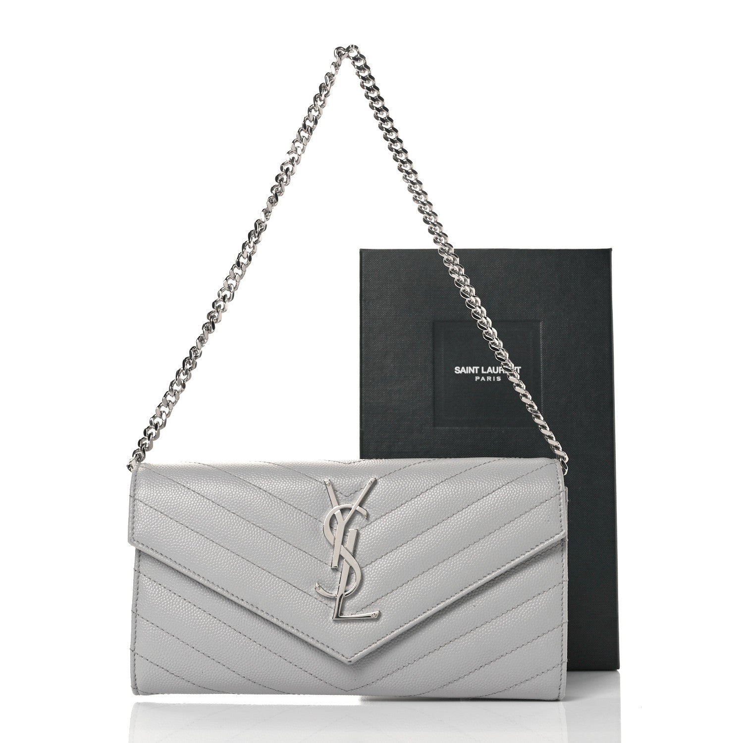 Saint Laurent Grain De Poudre Matelasse Chevron Small Monogram Chain Wallet Light Grey 32 of 36