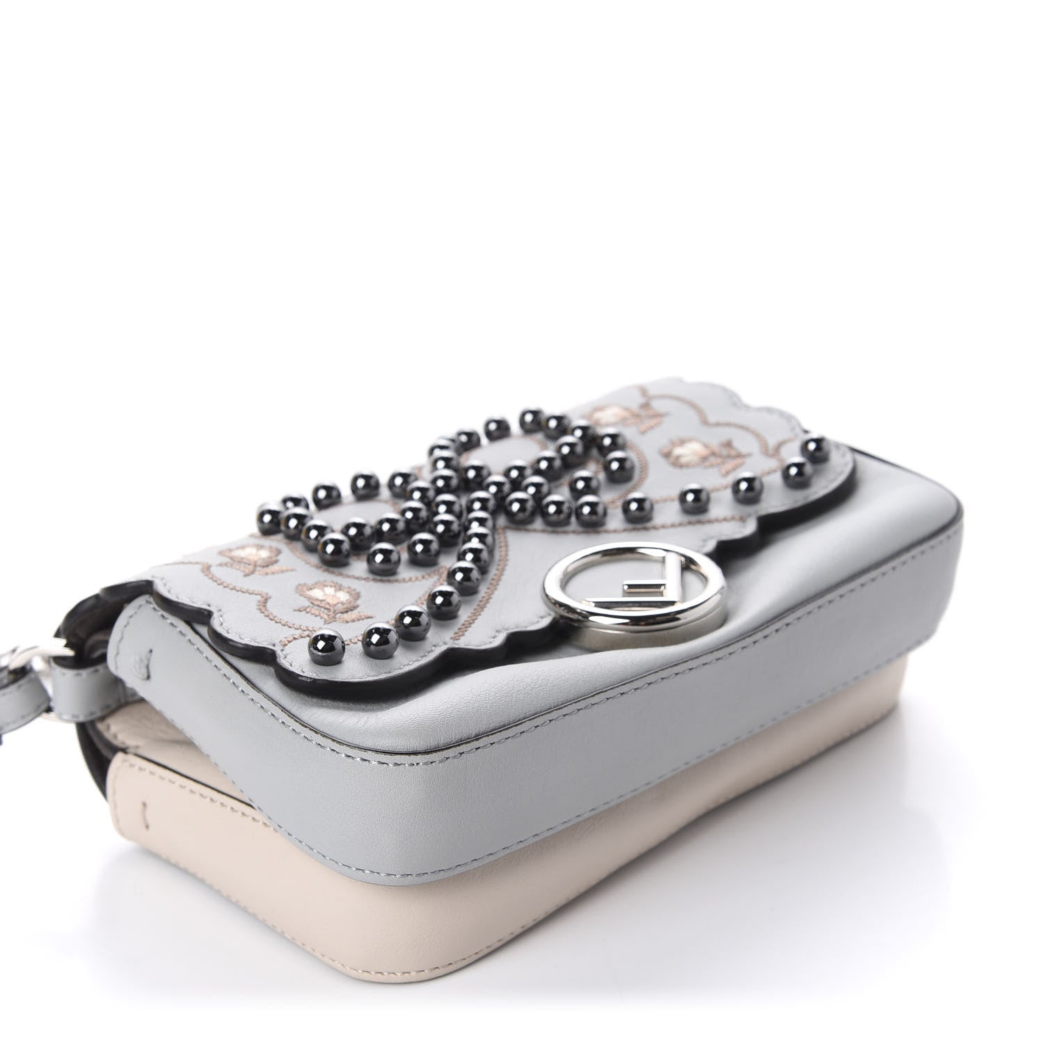 Fendi Vitello Dolce F is Flowers and Bows Scalloped Micro Double Baguette Grigio Perla Camelia 4 of 13