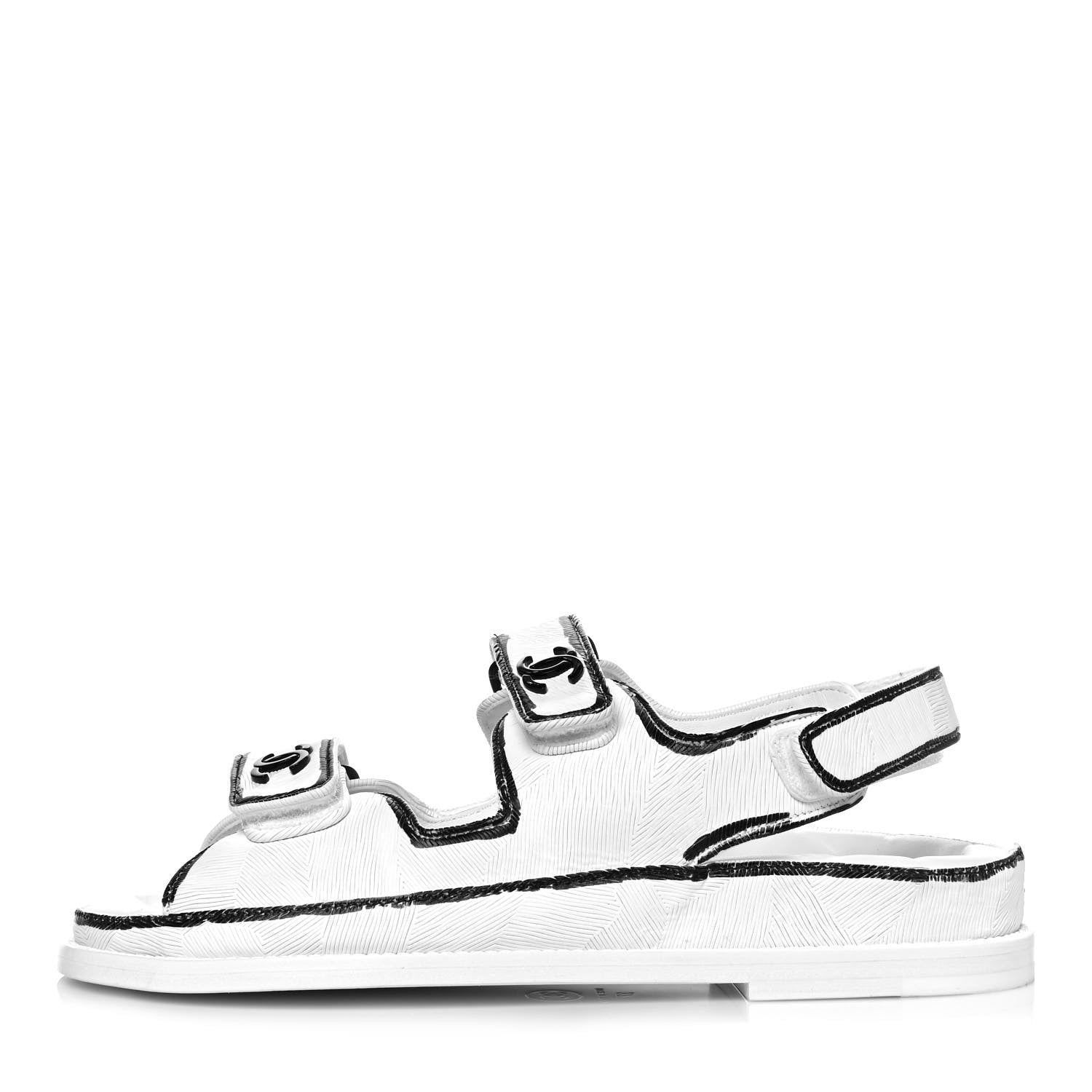 Chanel Calfskin Printed Velcro Dad Sandals 37 White Black 1 of 9