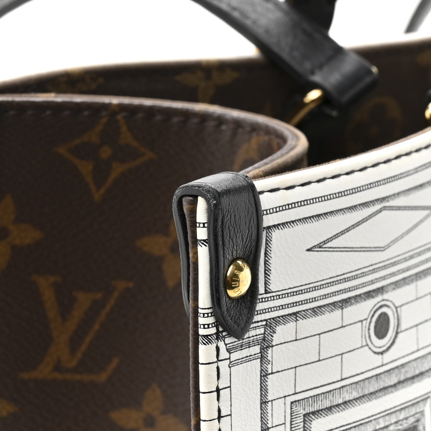 X FORNASETTI Calfskin Architettura Onthego MM Black White