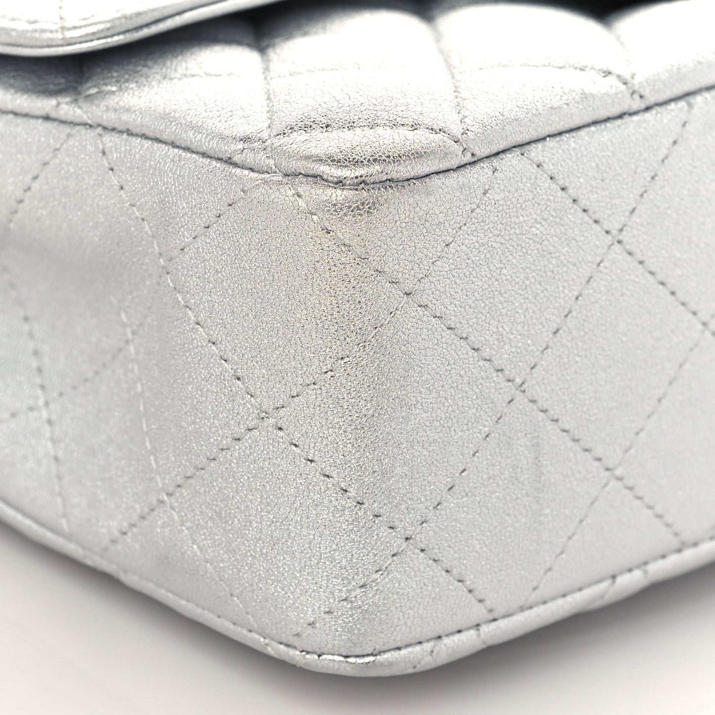 Metallic Lambskin Quilted Mini Rectangular Flap Silver