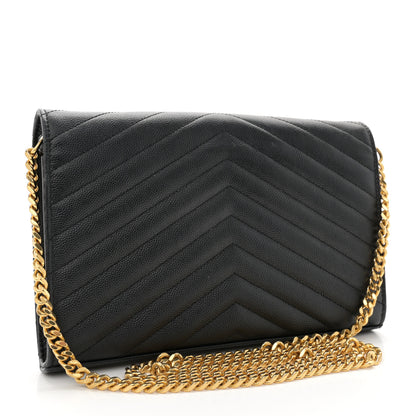 Saint Laurent Grain De Poudre Matelasse Chevron Monogram Chain Wallet Black 3 of 13