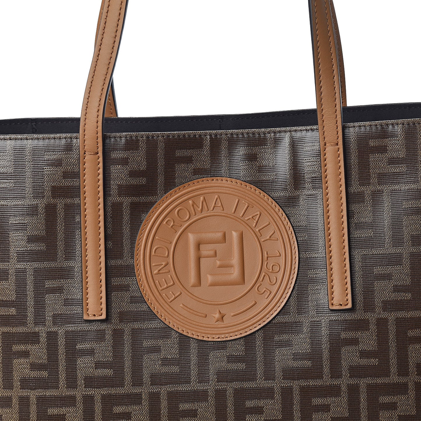 Glazed Fabric Vitello Century FF 1974 Stamp Patch Shopping Tote Mogano Panna Caramello