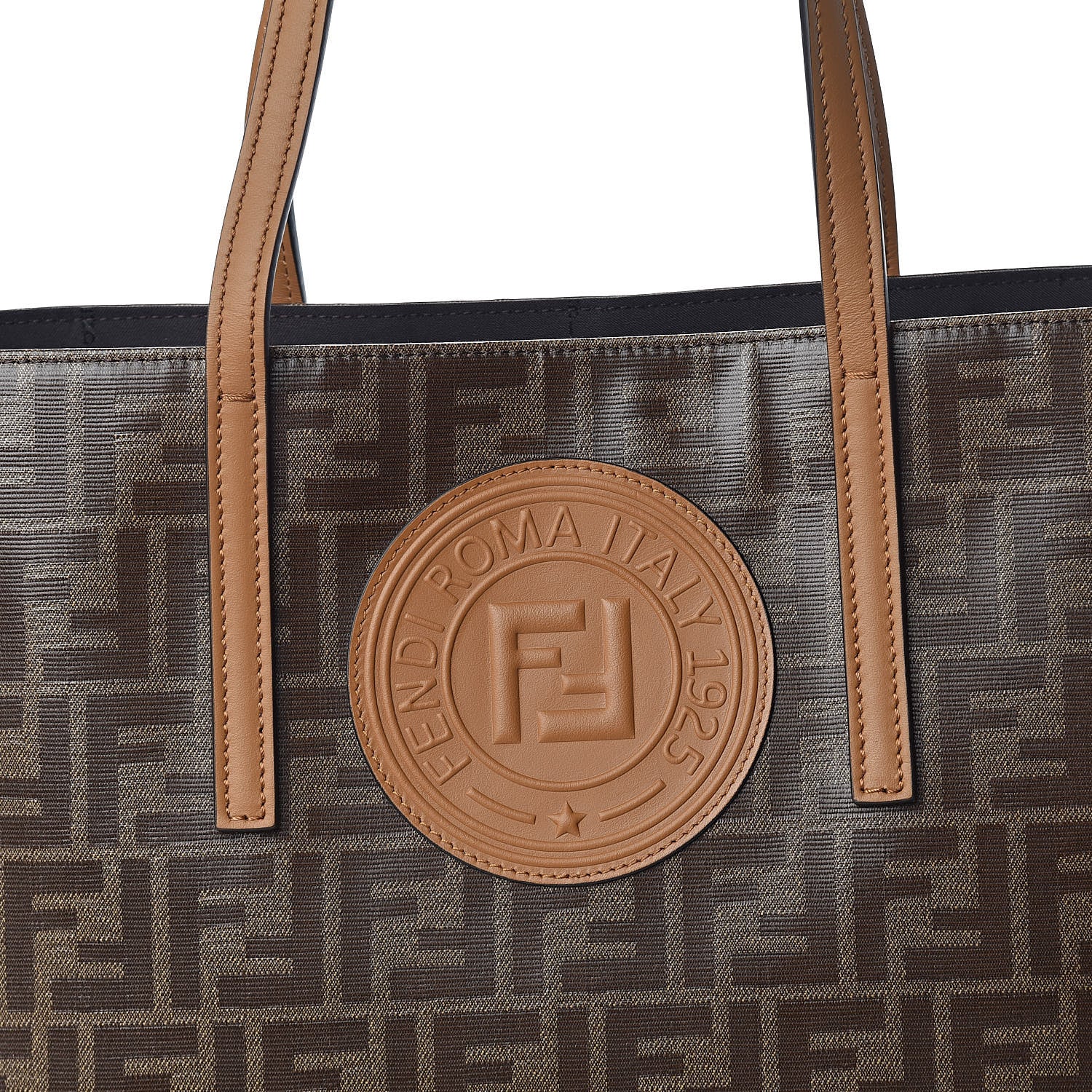 Fendi Glazed Fabric Vitello Century FF 1974 Stamp Patch Shopping Tote Mogano Panna Caramello 10 of 10