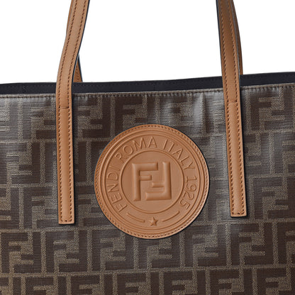 Fendi Glazed Fabric Vitello Century FF 1974 Stamp Patch Shopping Tote Mogano Panna Caramello 10 of 10