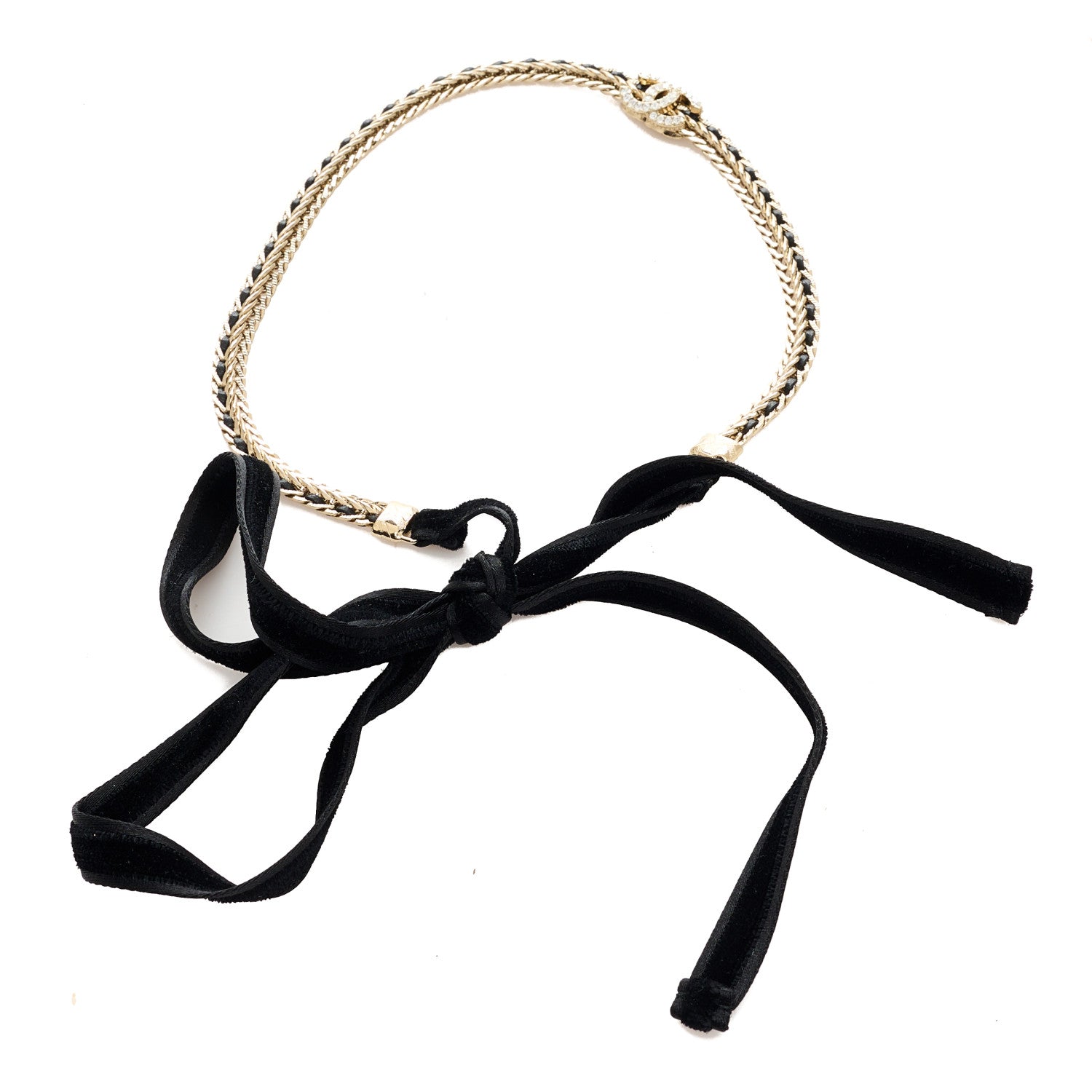 T＆T CHANELアクセサリー Chanel Metal Lambskin Crystal CC Chain Tie Headband Gold Black