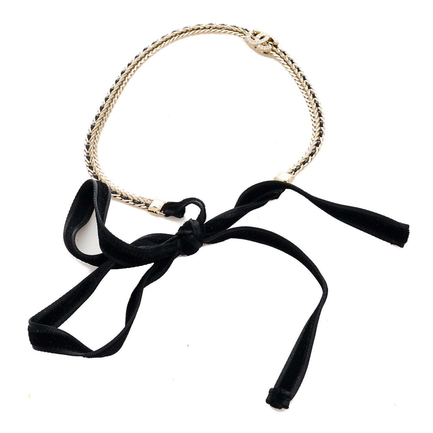 Metal Lambskin Crystal CC Chain Tie Headband Gold Black