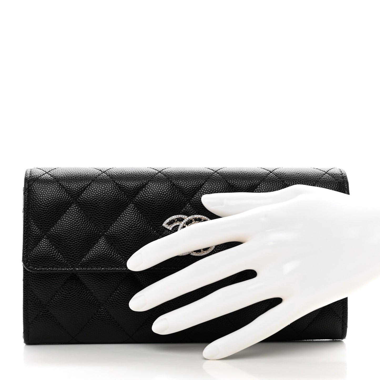 Caviar Quilted Crystal CC Large Gusset Flap Wallet Black