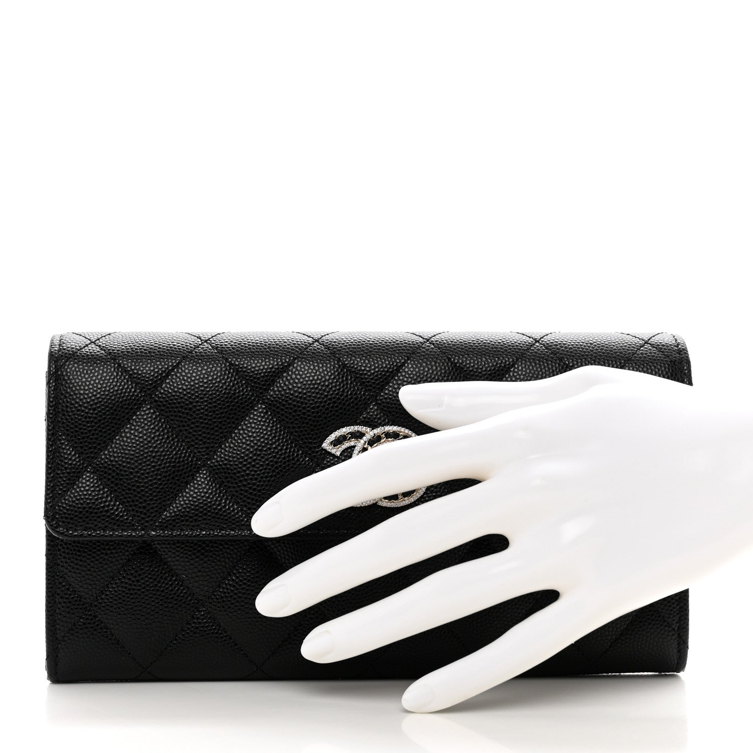 Chanel Caviar Quilted Crystal CC Large Gusset Flap Wallet Black 2 of 9