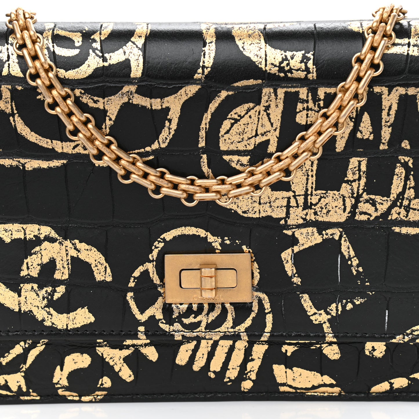 Calfskin Crocodile Embossed Graffiti 2.55 Cocodile Reissue Wallet On Chain WOC Black Gold