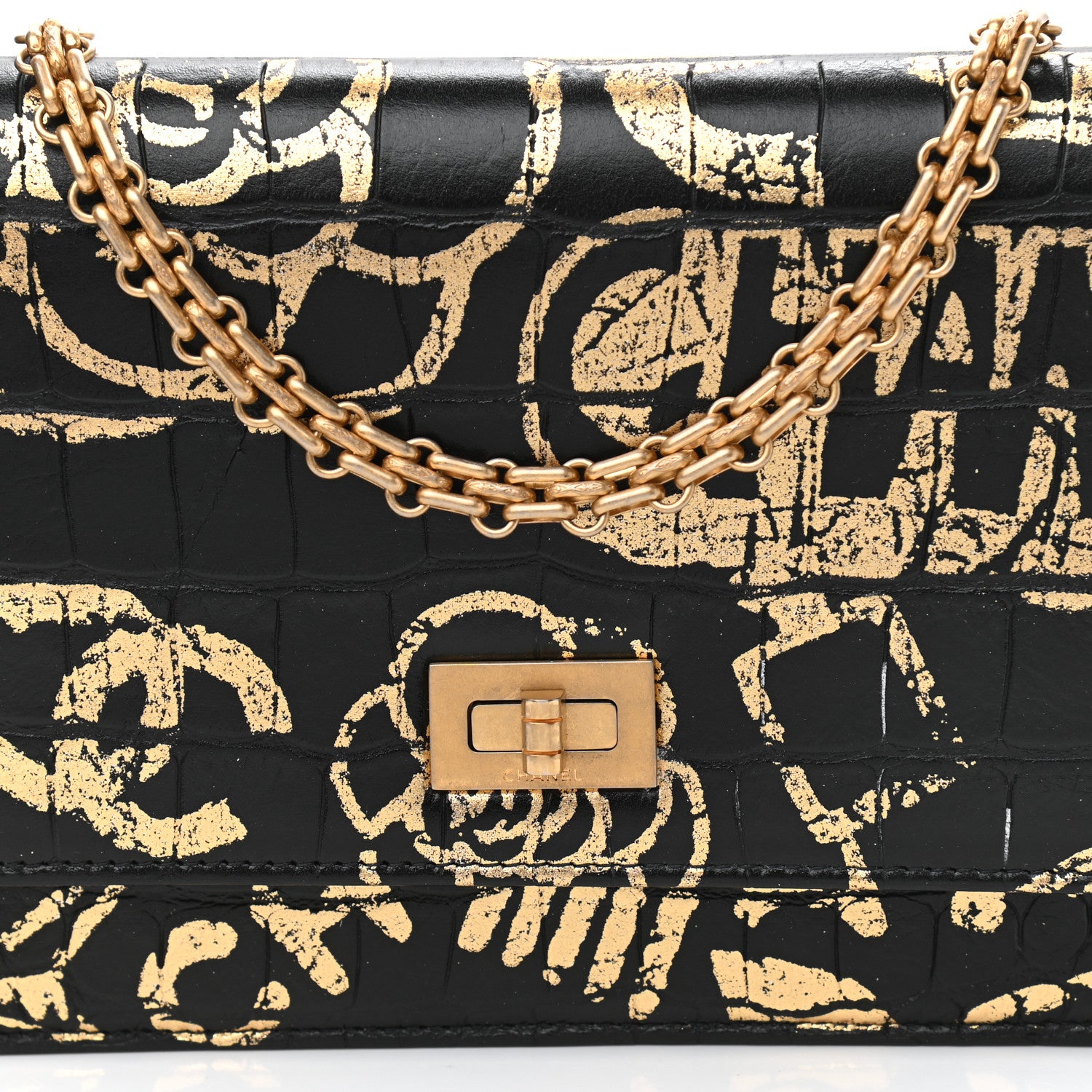Chanel Calfskin Crocodile Embossed Graffiti 2.55 Cocodile Reissue Wallet On Chain WOC Black Gold 9 of 12