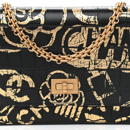 Chanel Calfskin Crocodile Embossed Graffiti 2.55 Cocodile Reissue Wallet On Chain WOC Black Gold 9 of 12