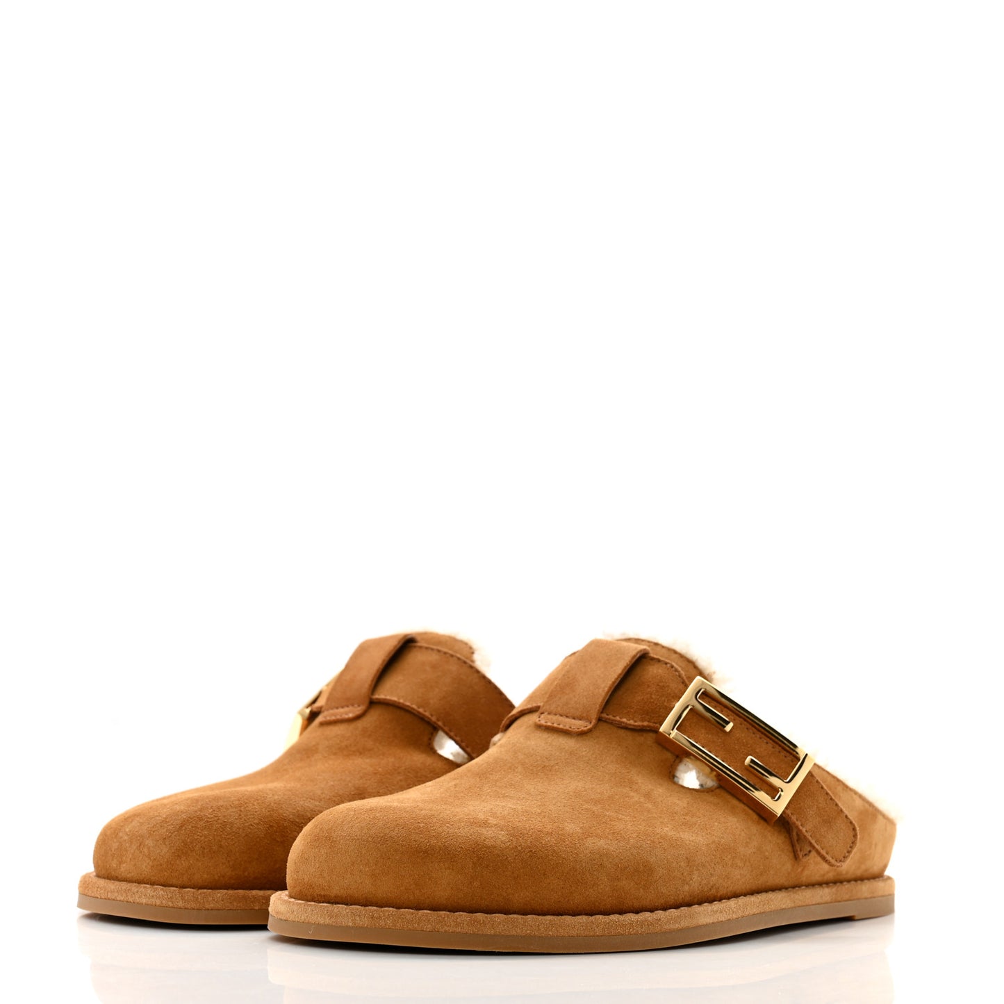 Suede Shearling Fendi Feel Buckled Clogs 36 Caramel Latte