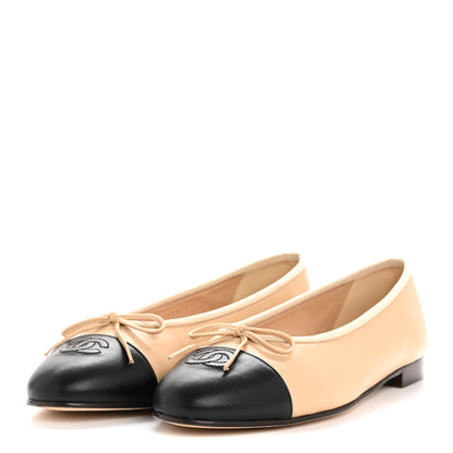 Chanel Lambskin Cap Toe CC Ballerina Flats 40.5 Beige Black 4 of 9