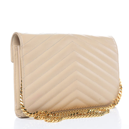 Saint Laurent Grain De Poudre Matelasse Chevron Monogram Chain Wallet Deep Beige 3 of 18