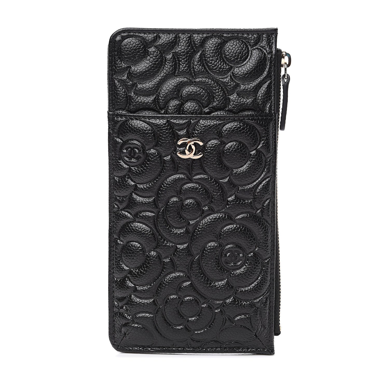 Caviar Camellia Embossed Classic Flat Wallet Pouch Black