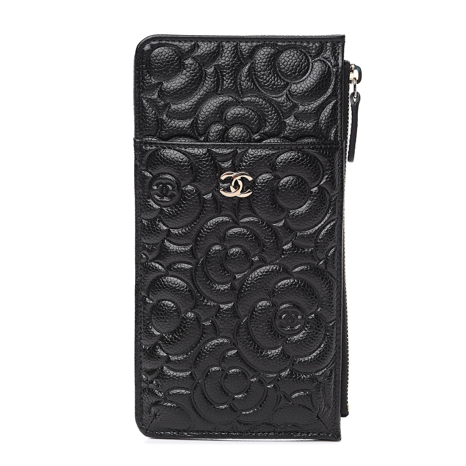 Chanel Caviar Camellia Embossed Classic Flat Wallet Pouch Black 1 of 7