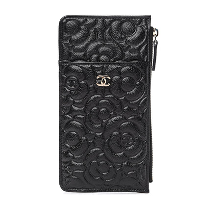 Chanel Caviar Camellia Embossed Classic Flat Wallet Pouch Black 1 of 7