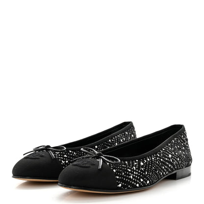 Chanel Tweed Crystal Grosgrain Cap Toe Ballerina Flats 39 Black White 3 of 8