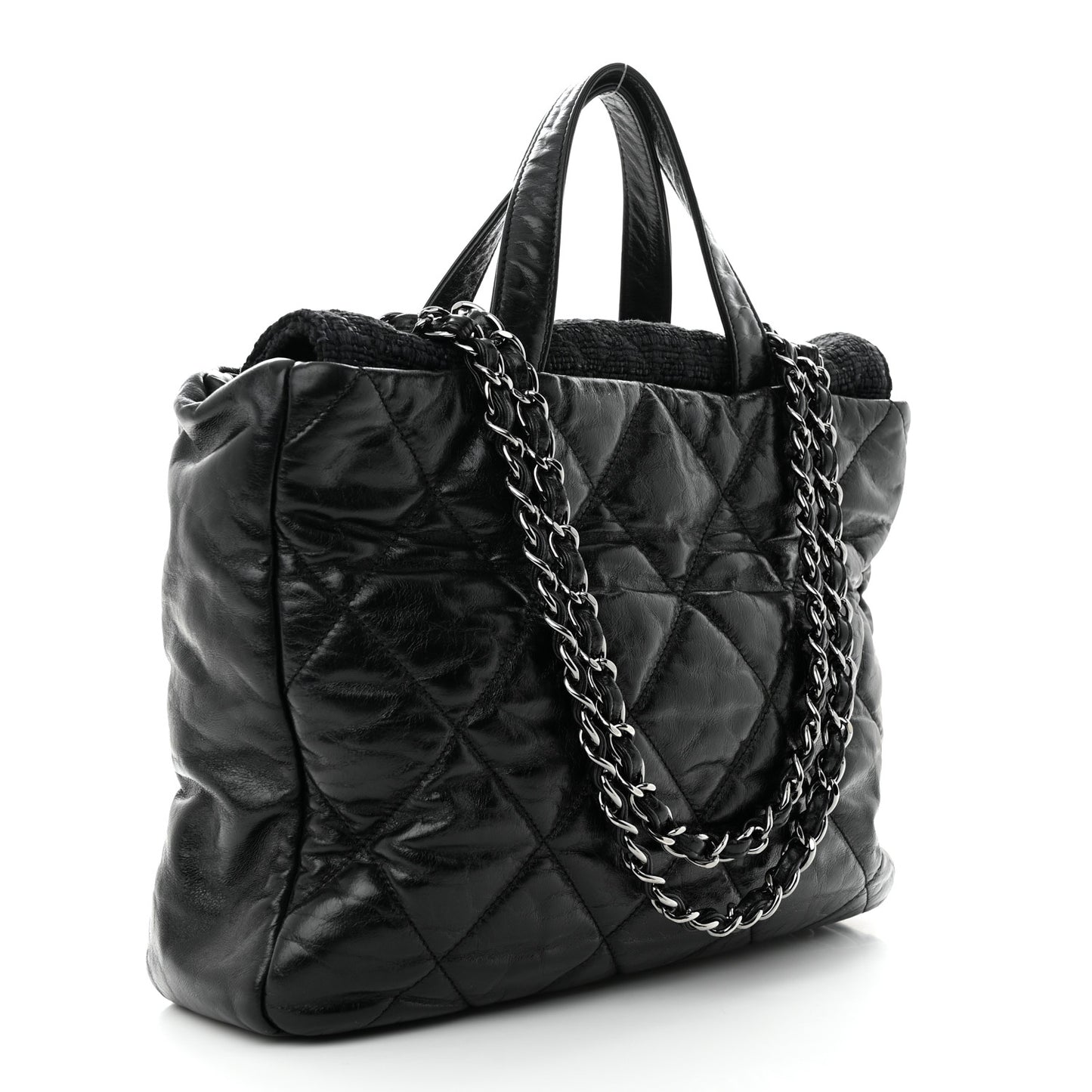 Glazed Calfskin Quilted Tweed Portobello Tote Black