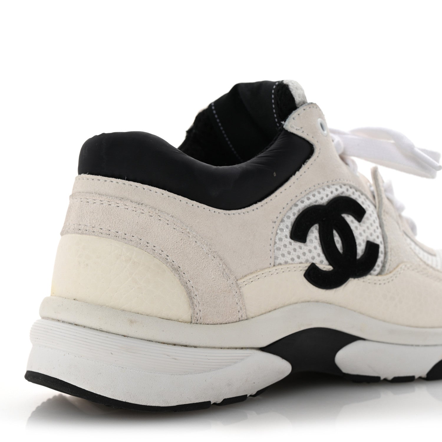 Chanel Mesh Suede Calfskin Grained Calfskin Womens CC Sneakers 35.5 White Black 13 of 17