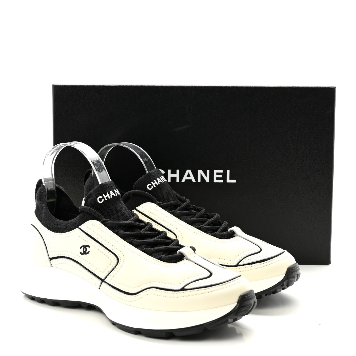 Calfskin Mixed Fibers CC Sneakers 39.5 Ivory Black