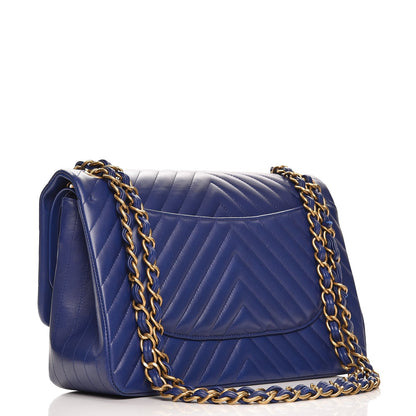 Chanel Lambskin Chevron Quilted Jumbo Double Flap Blue 3 of 8
