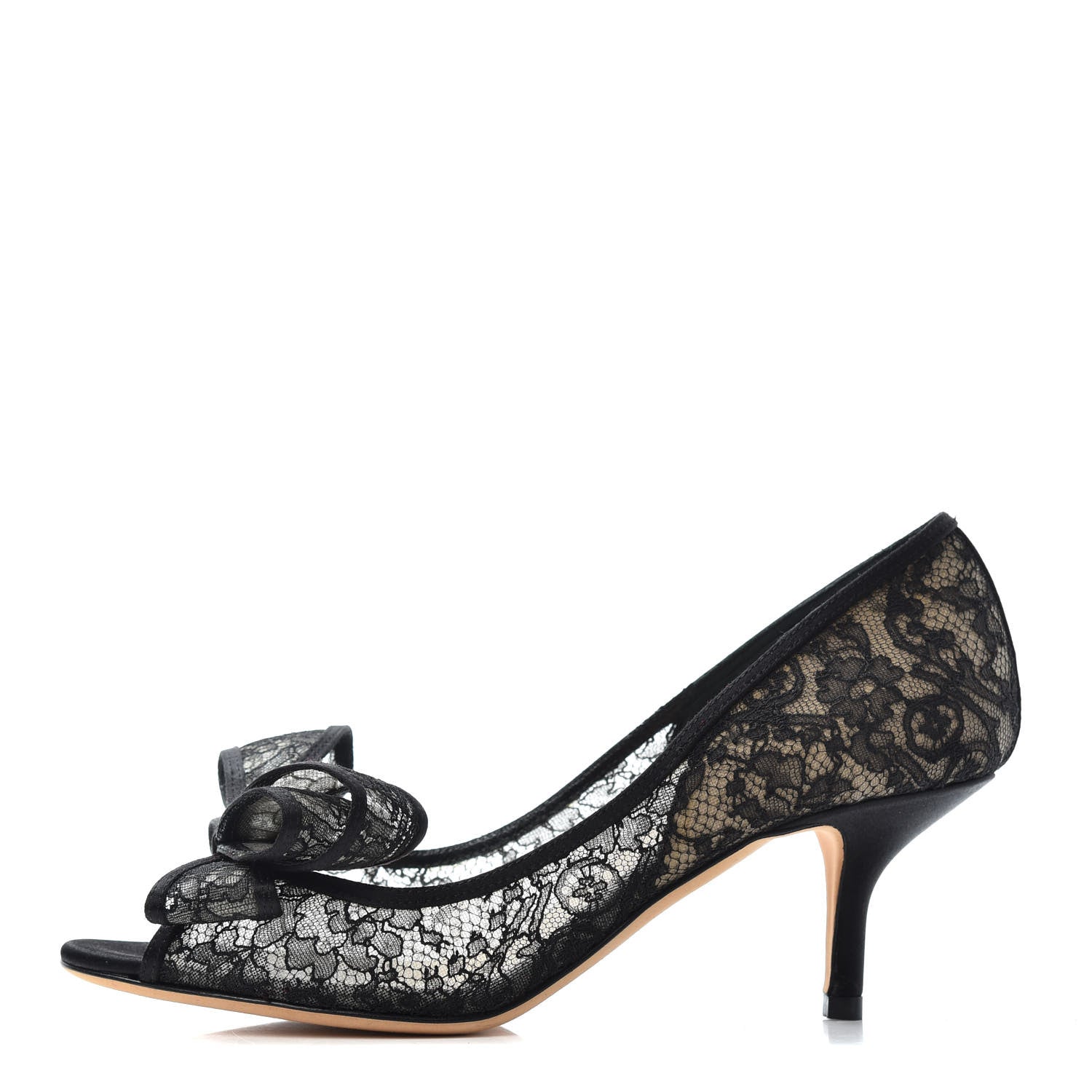 Valentino Garavani Satin Lace Couture Bow Peep Toe Low Heel Pumps 37 Black 1 of 9