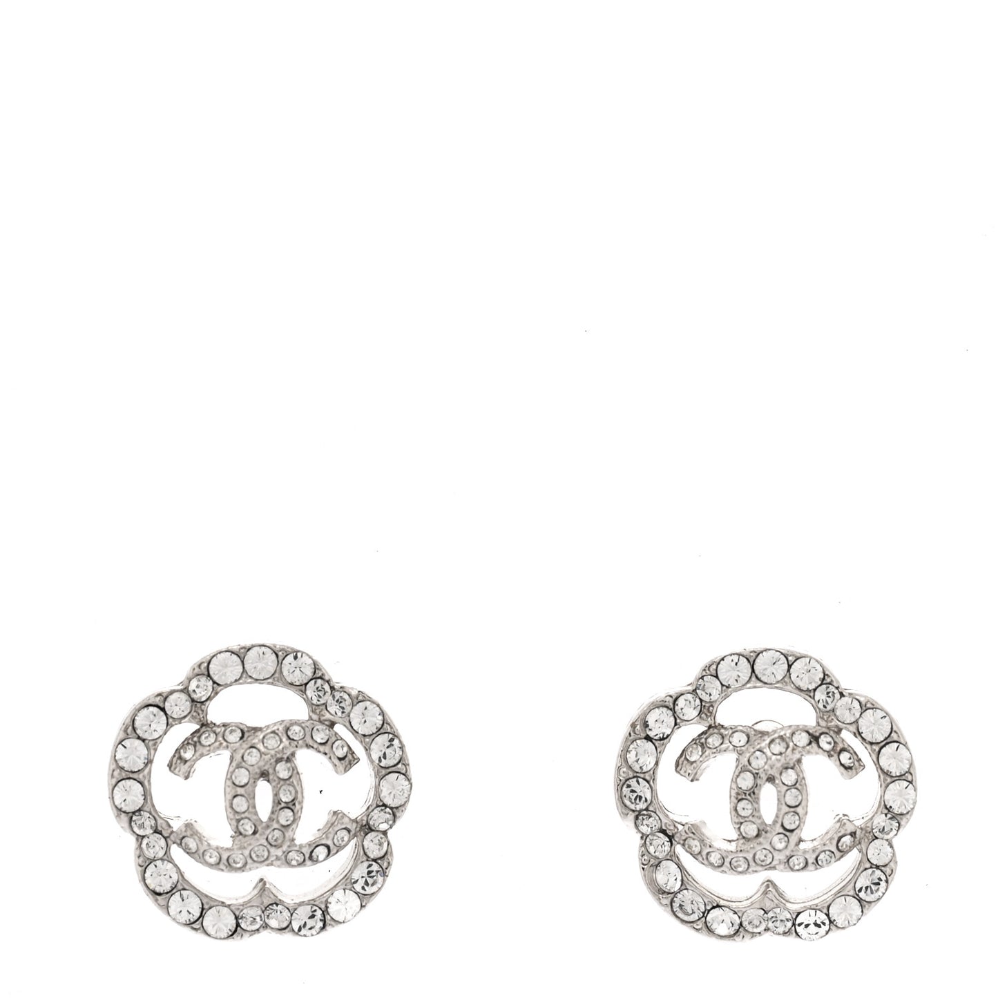 Crystal Coco Flapper Camellia CC Stud Earrings Silver
