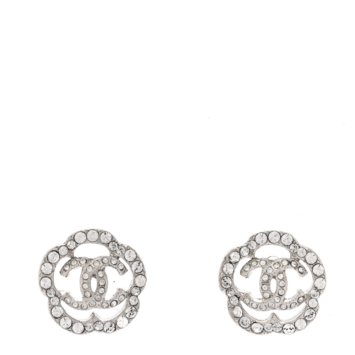 Chanel Crystal Coco Flapper Camellia CC Stud Earrings Silver 1 of 4