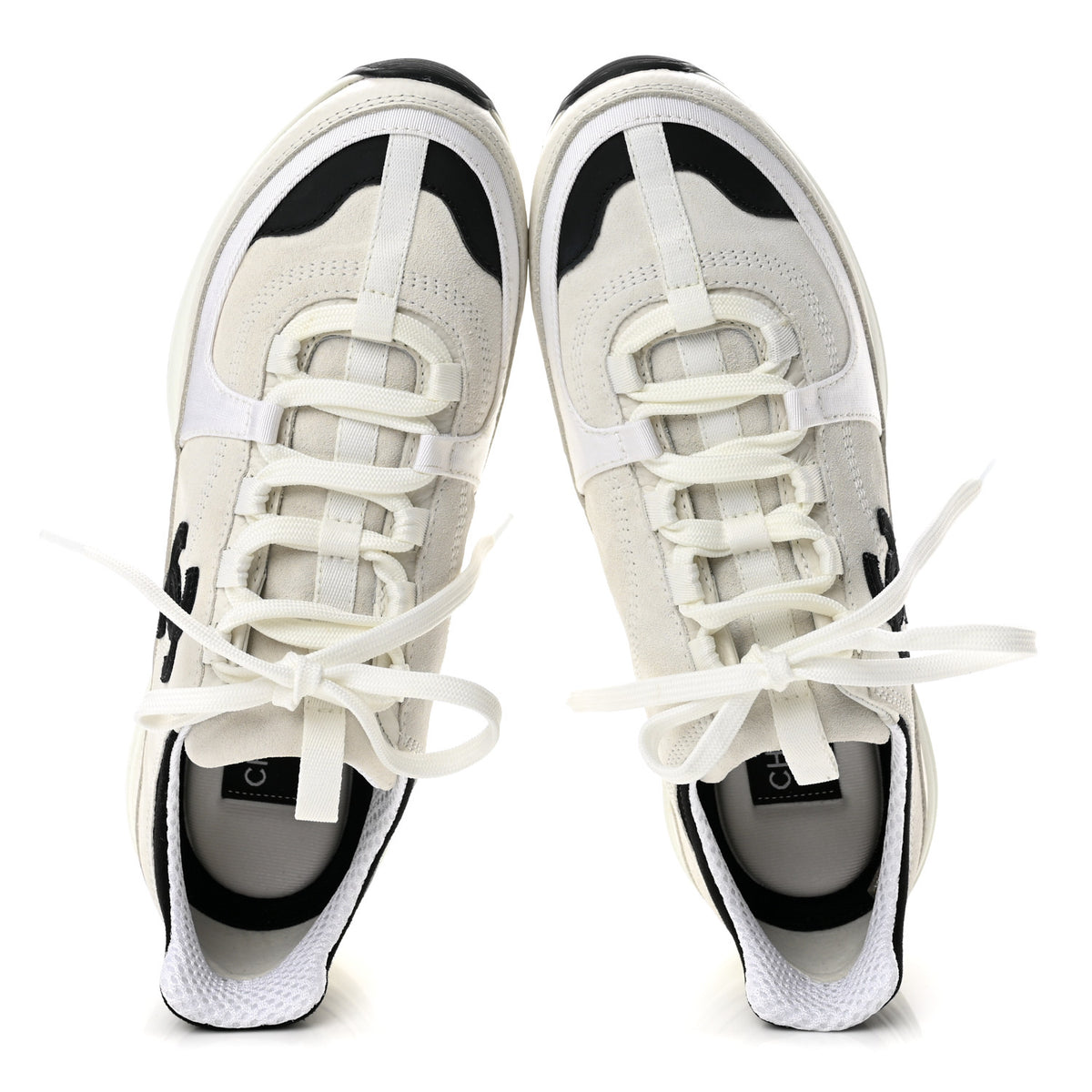 Suede Calfskin Grosgrain Womens CC Sneakers 38 White Black