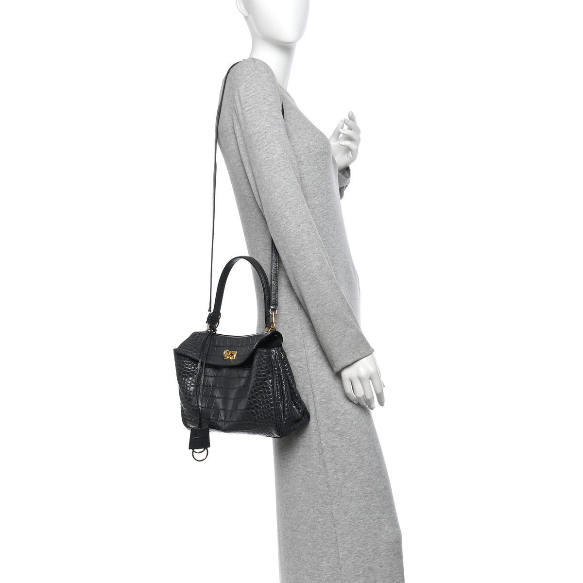 Shiny Calfskin Crocodile Embossed Small Rodeo Top Handle Handbag Volcanic Rock