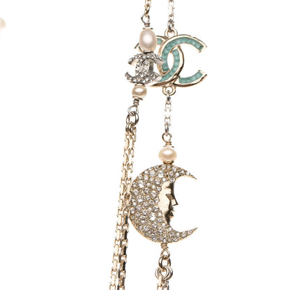 Chanel Glass Pearl Strass CC Long Necklace Gold Silver Light Blue 4 of 8