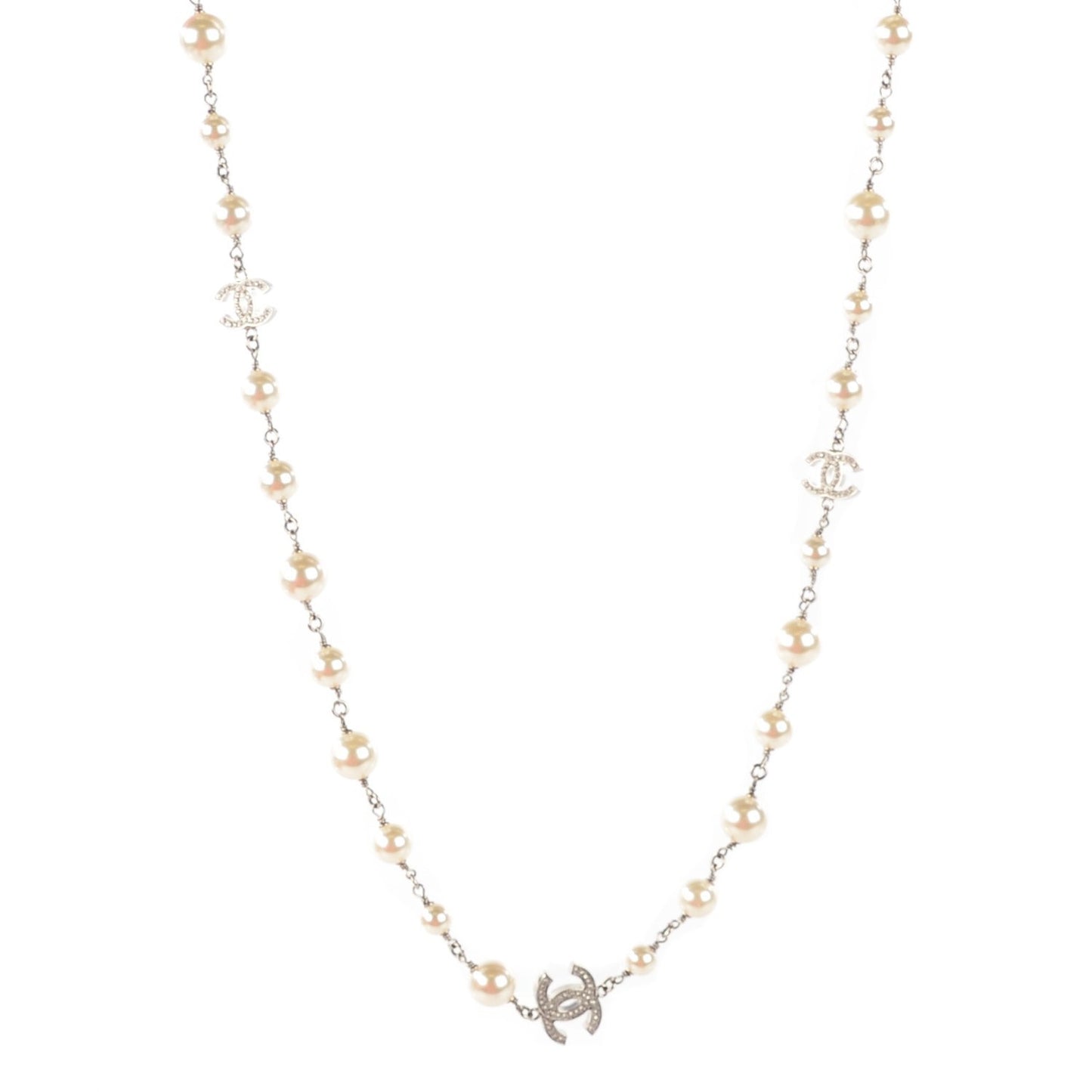 Graduated Pearl Crystal CC Long Necklace Silver