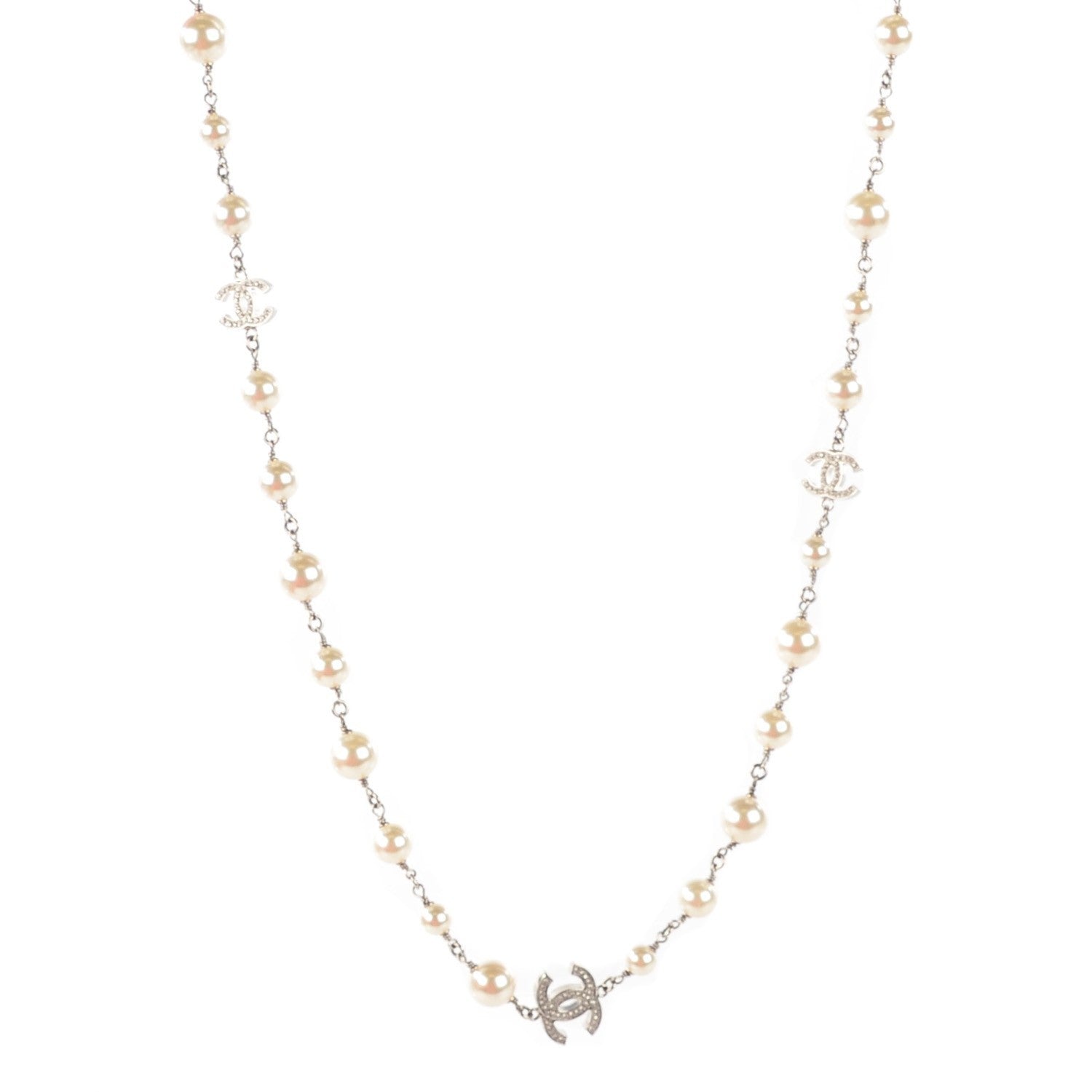 Chanel Graduated Pearl Crystal CC Long Necklace Silver 1 of 7