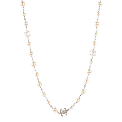Chanel Graduated Pearl Crystal CC Long Necklace Silver 1 of 7