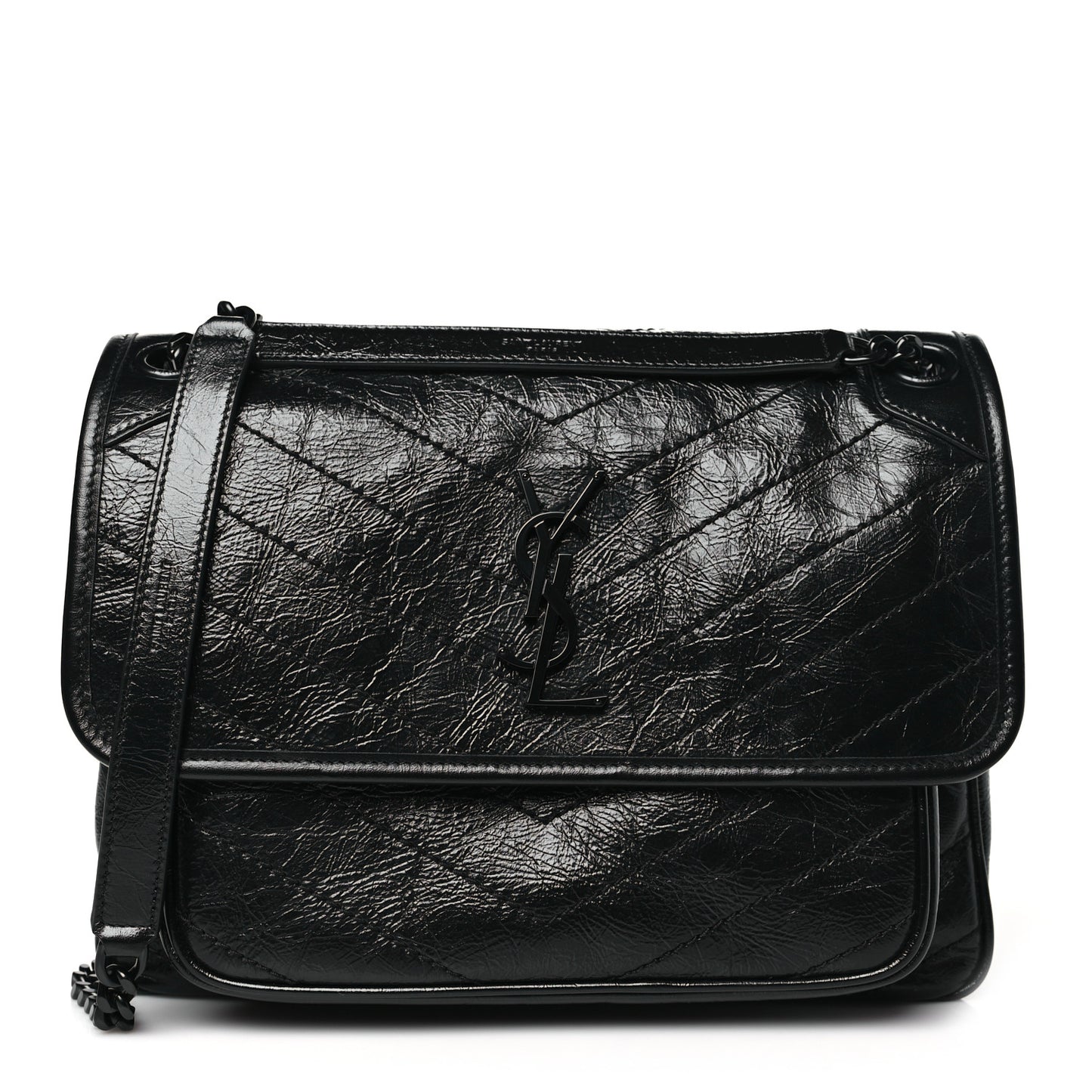 Crinkled Calfskin Matelasse Monogram Medium Niki Chain Satchel Black
