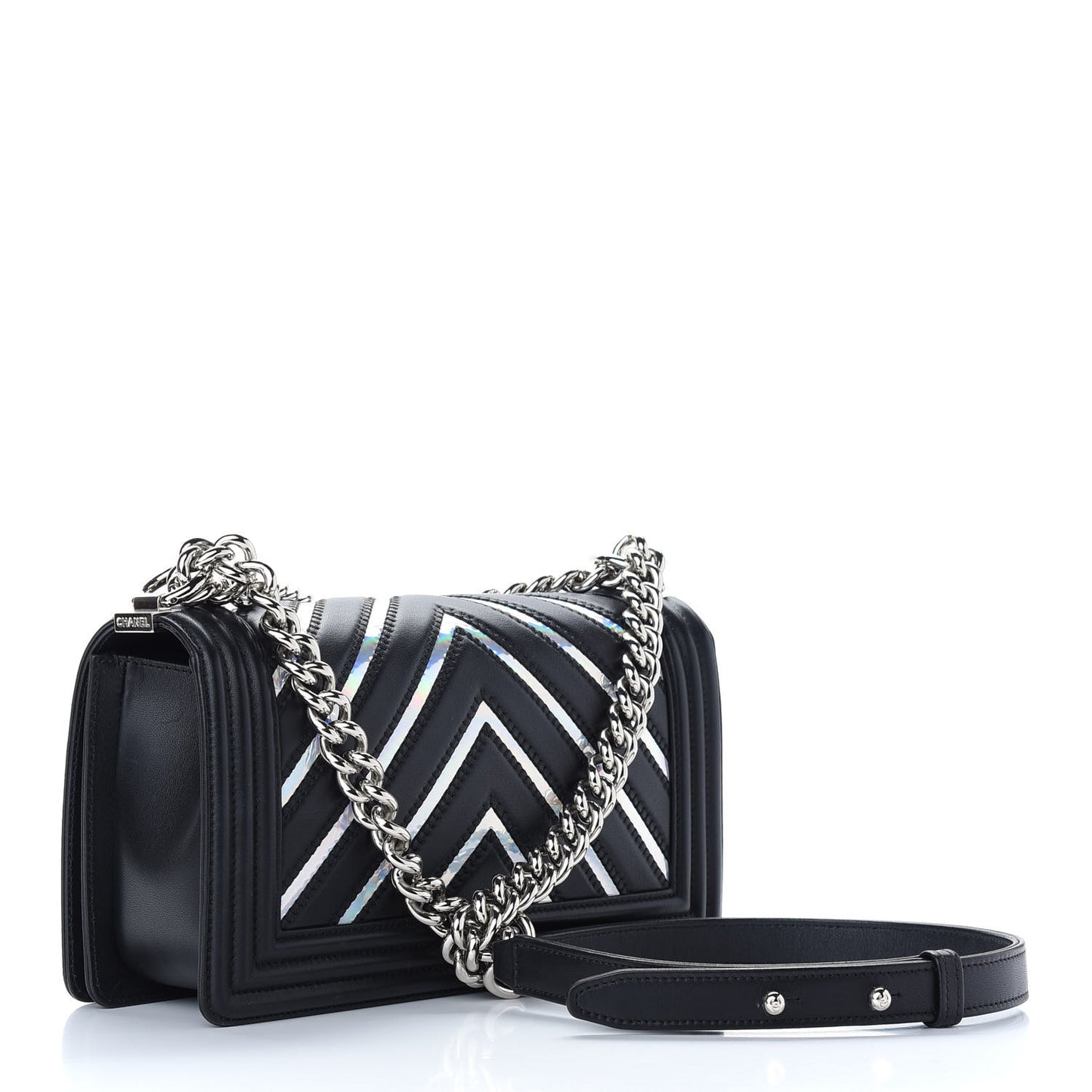 Lambskin Iridescent PVC Chevron Quilted Medium Boy Flap Black Silver