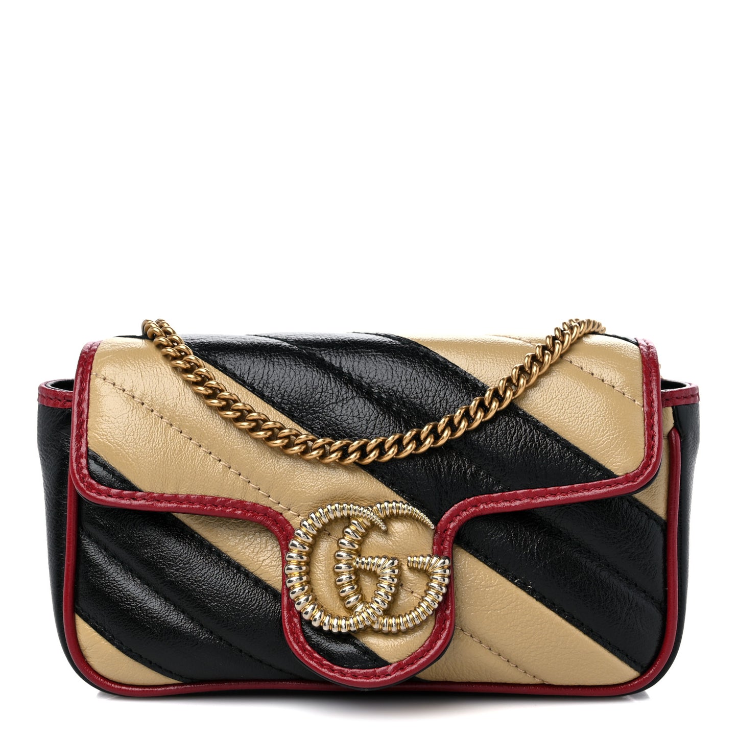 Vintage Effect Calfskin Matelasse Diagonal Striped Super Mini Torchon GG Marmont Shoulder Bag Black Beige