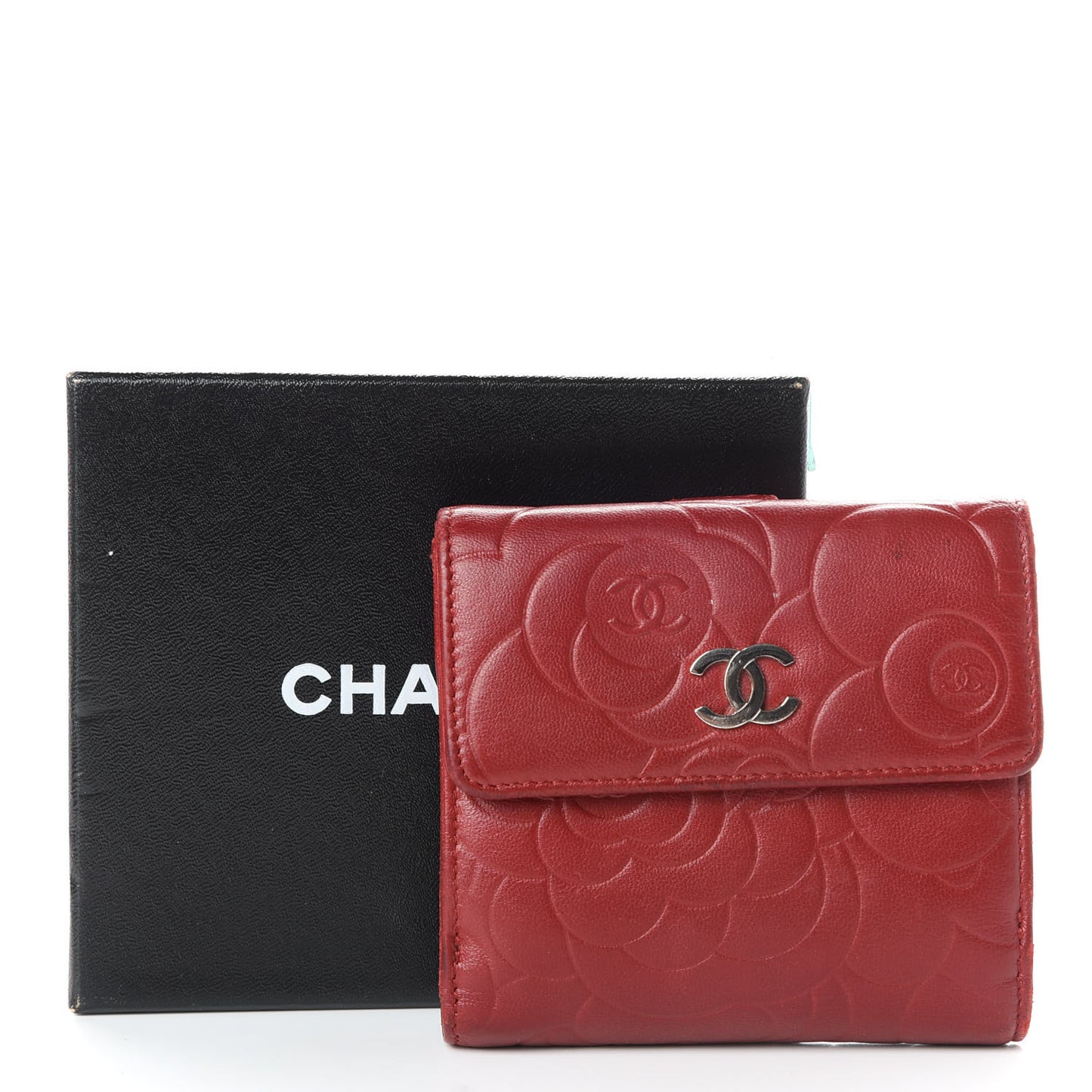 Lambskin Camellia Embossed French Wallet Red