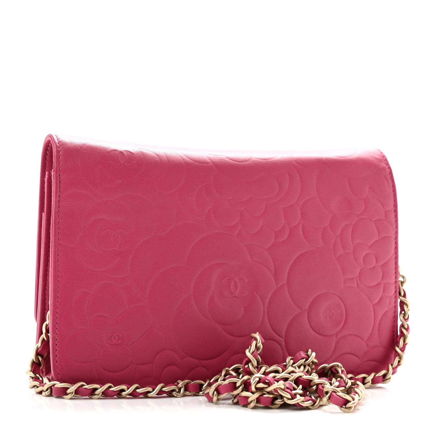 Chanel Lambskin Camellia Embossed Wallet on Chain WOC Fuchsia 3 of 13