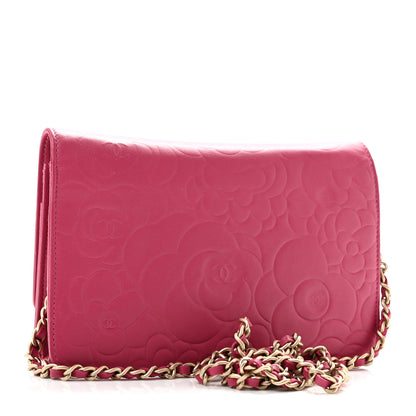 Chanel Lambskin Camellia Embossed Wallet on Chain WOC Fuchsia 3 of 13