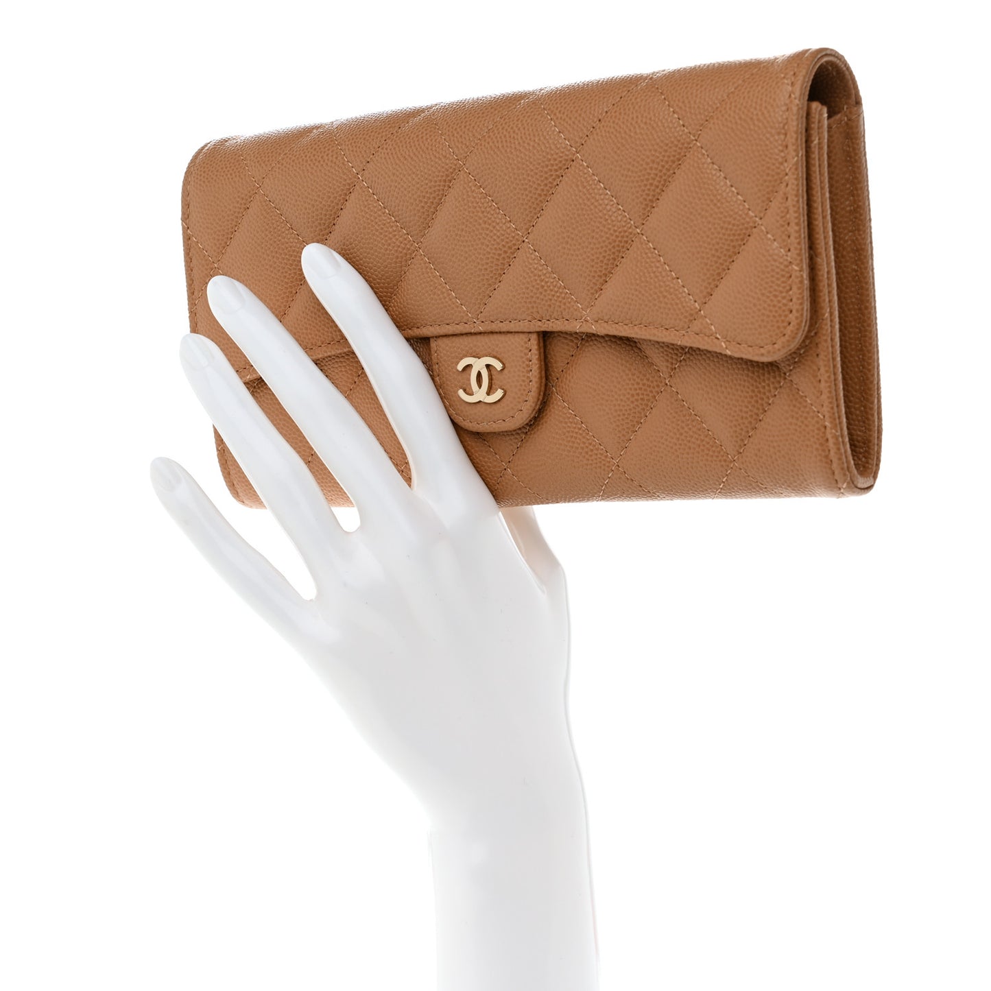 Caviar Quilted Large Gusset Flap Wallet Beige