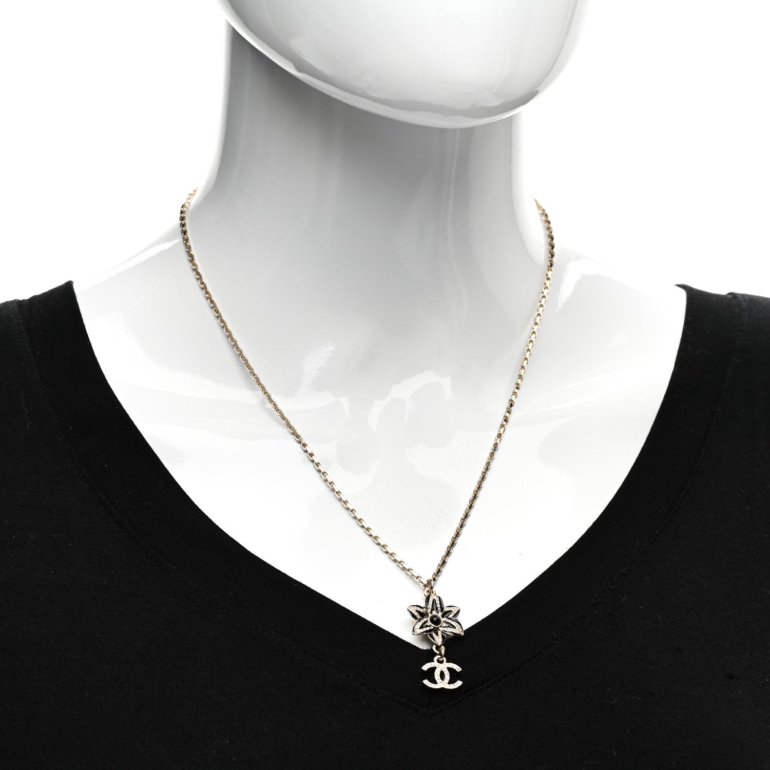 Chanel Enamel Crystal CC Camellia Flower Necklace Gold Black 2 of 4