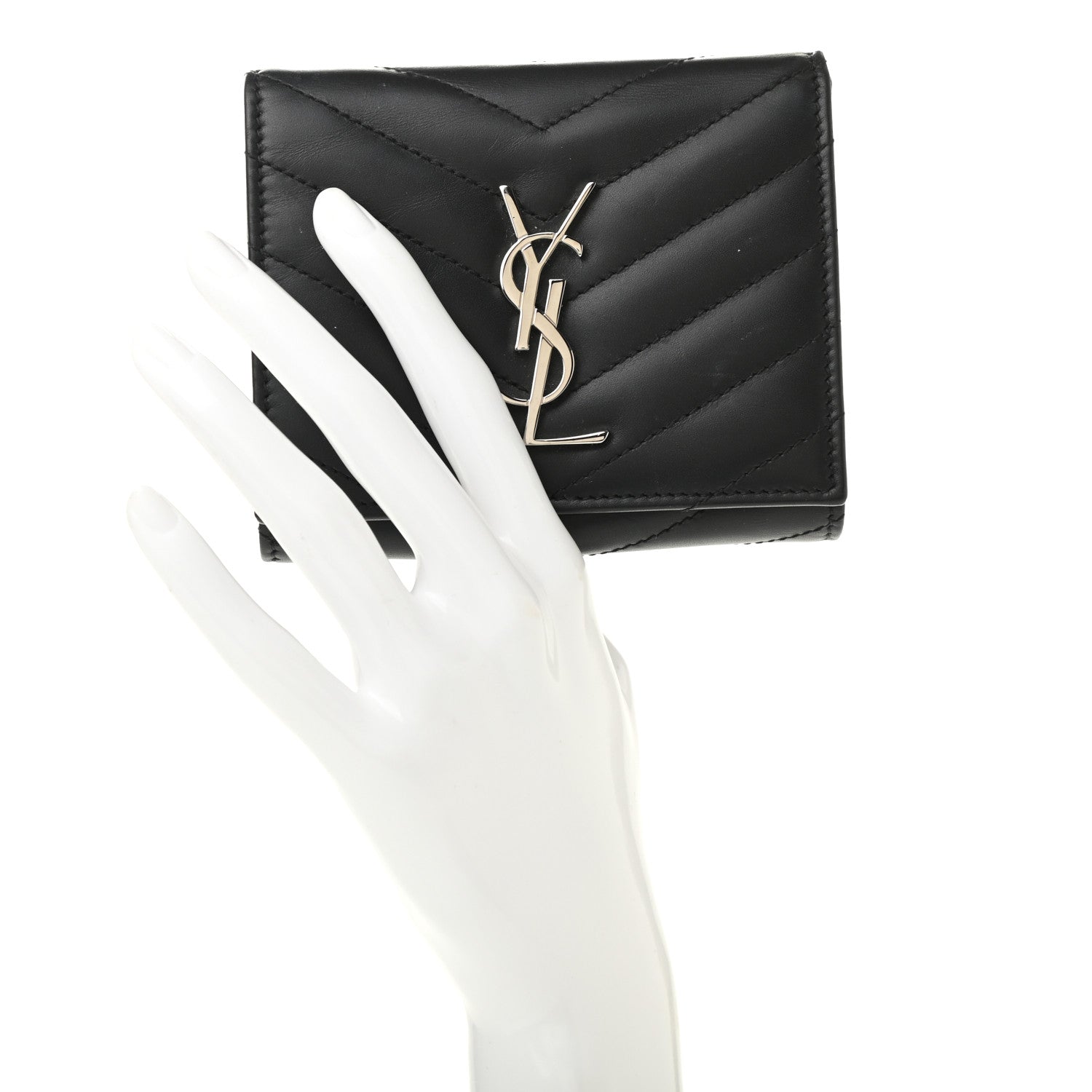 Saint Laurent Lambskin Matelasse Chevron Small Monogram Wallet Black 2 of 9