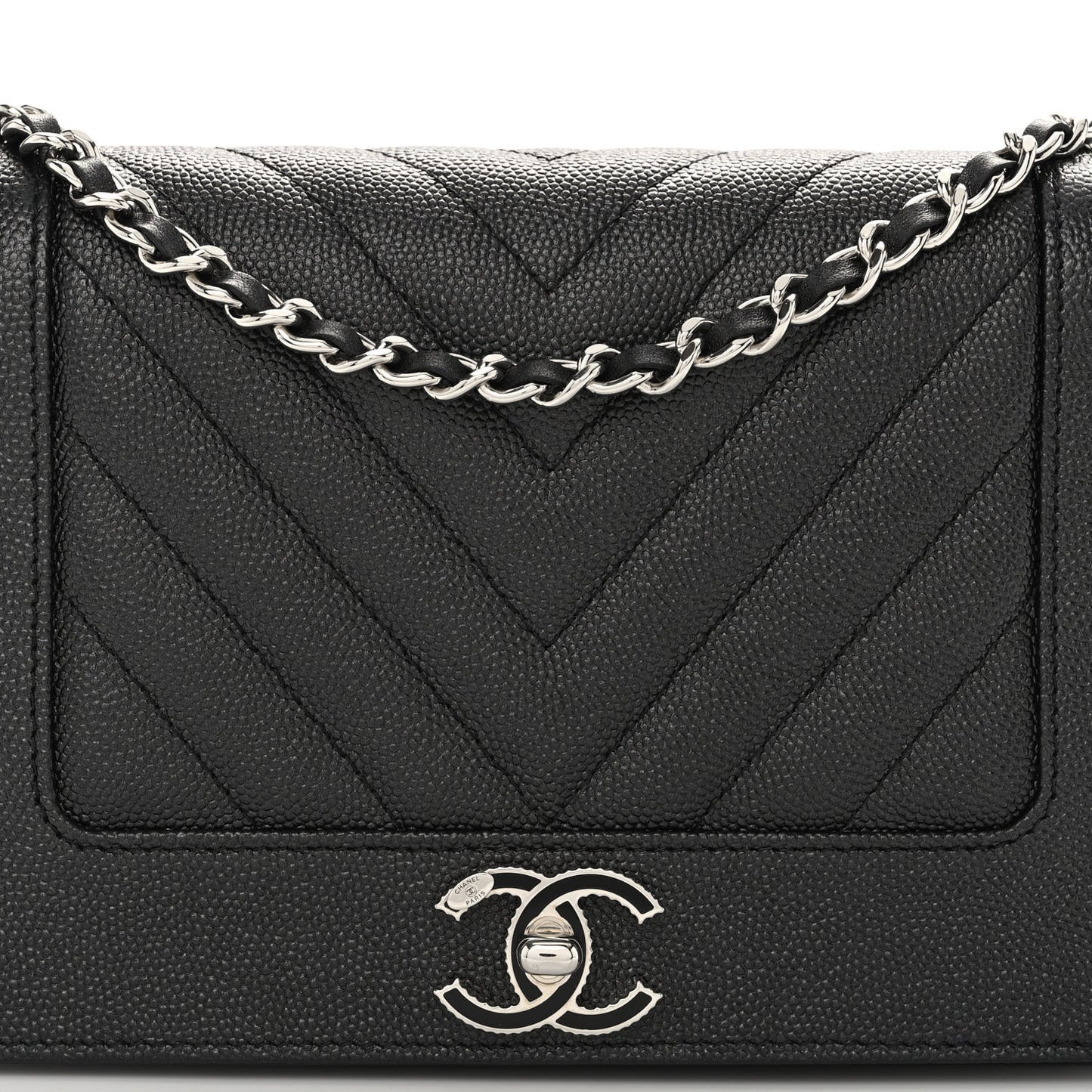 Metallic Caviar Chevron Quilted Vintage Mademoiselle Wallet On Chain WOC Charcoal