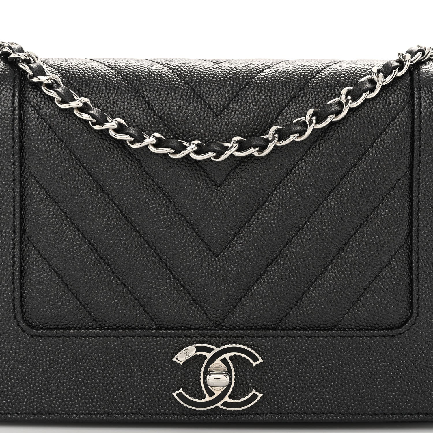 Chanel Metallic Caviar Chevron Quilted Vintage Mademoiselle Wallet On Chain WOC Charcoal 8 of 10
